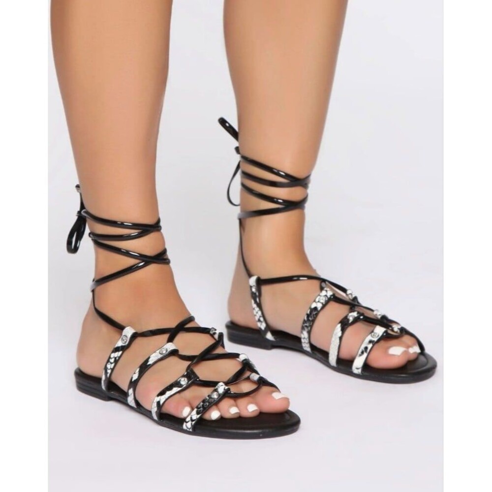 Fashion Nova Snake Print Black and White Lace Up Sandals